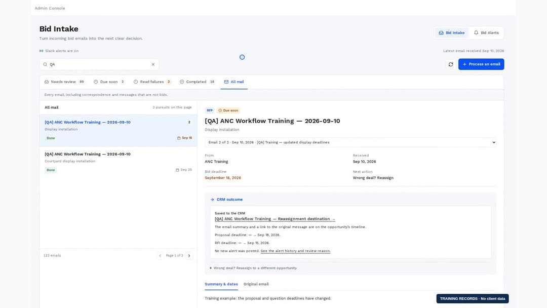 Bid Intake review queue and selected training email