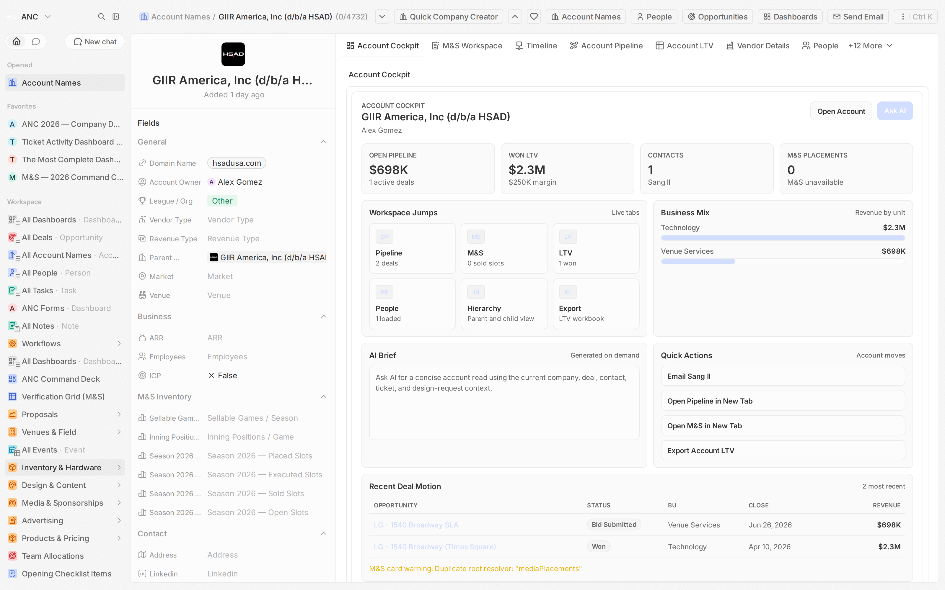 A clean Company view gives the team one place to understand the relationship, related work, contacts, notes, and service history.